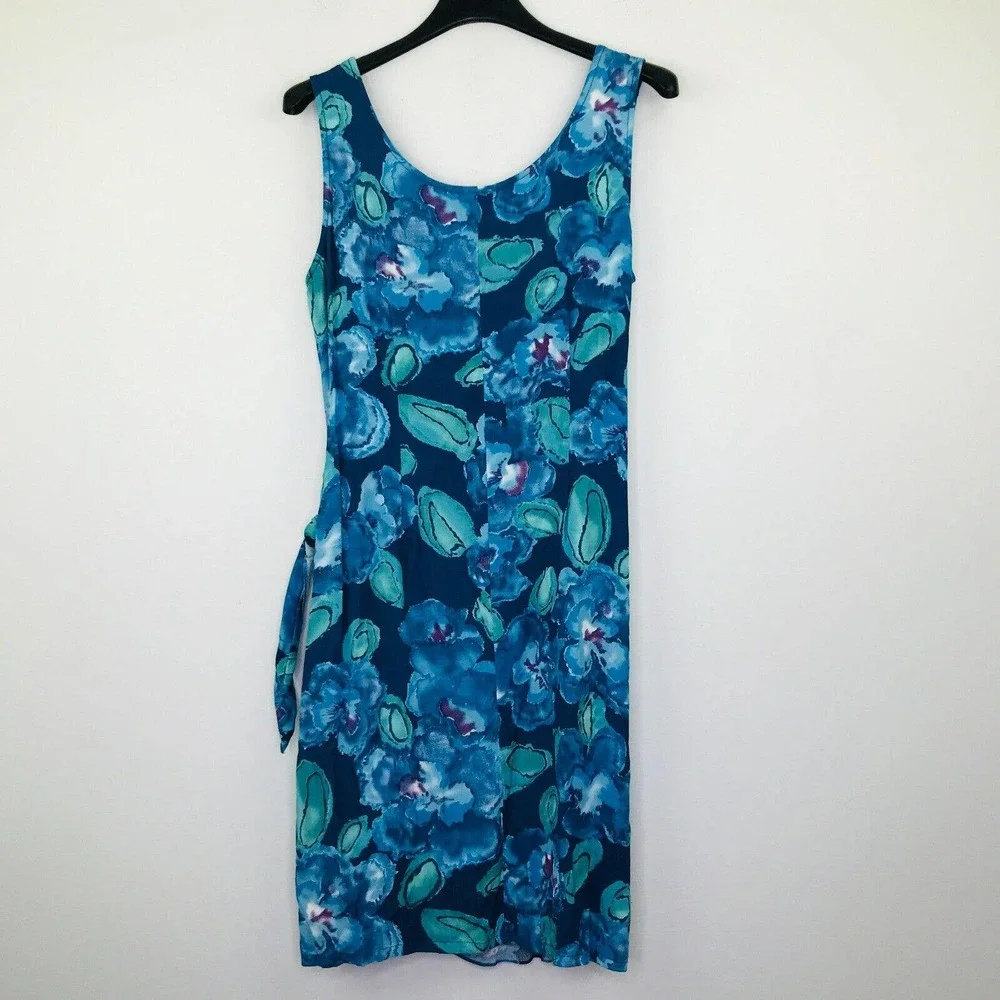 Hilo Hattie Women's Medium Tank Dress Blue Floral Side Tie Wrap Hawaiian BK4 - Picture 5 of 5